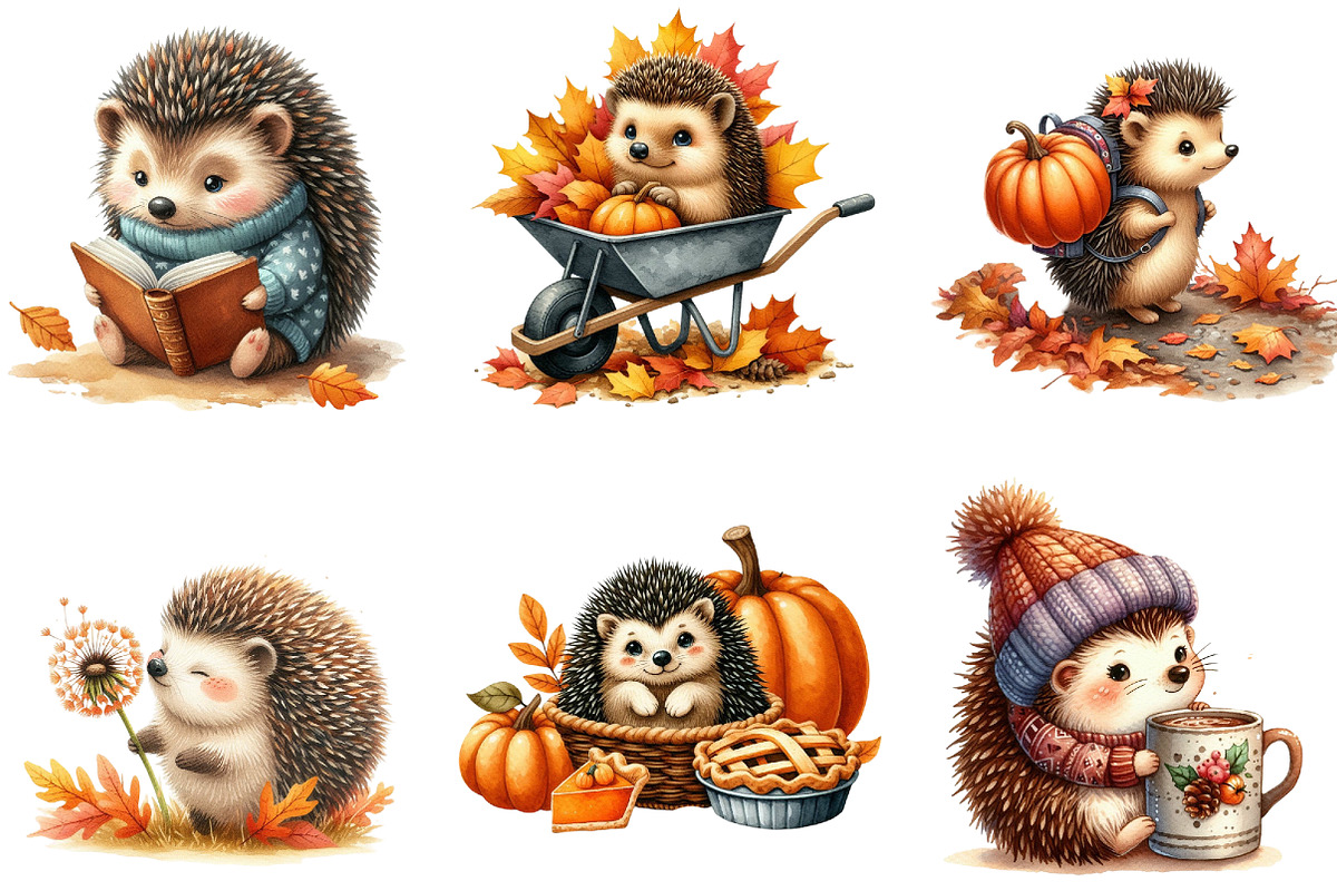 Autumn Hedgehogs Clipart, an Illustration by DreamArtGraphic (Photo 3 of 4)