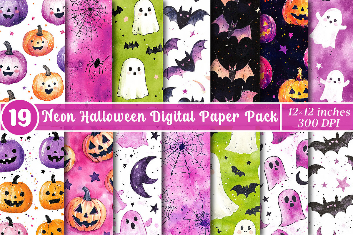 Neon Halloween Digital Paper Pack, a Pattern Graphic by SinaCreation (Photo 1 of 5)