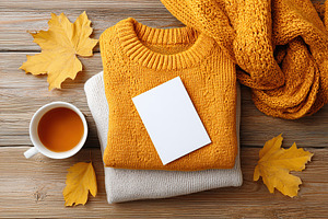 Cozy autumn scene with sweaters and tea, a Beauty & Fashion Photo by AlyaAnd