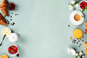 Breakfast Frame with Croissants Coffee and Juice Copy Space, a Food & Drink Photo by Natalia Klenova's Shop