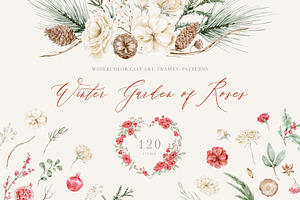 Winter greenery and white, red roses