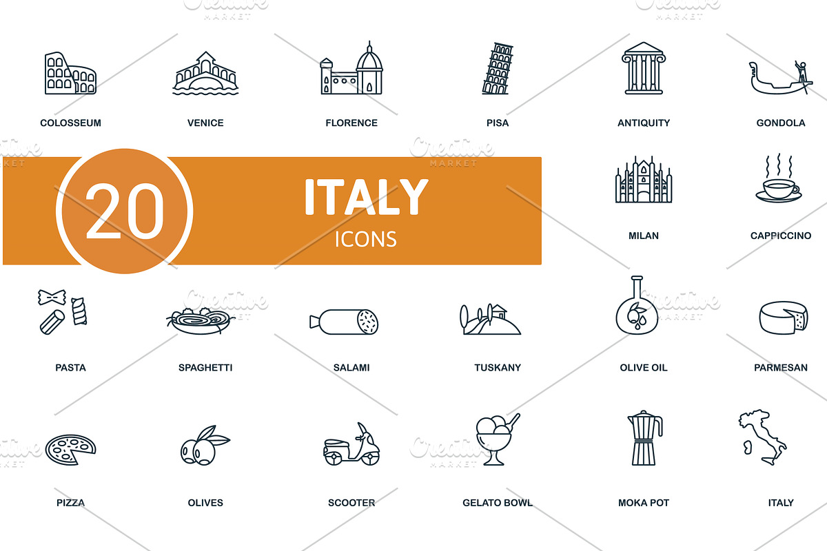 Italy icon set. Contains editable, an Object Illustration by Aimagenarium@gmail.com