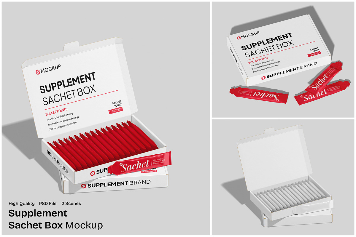 Supplement Sachet Box Mockup, a Packaging Mockup by Unerispace (Photo 1 of 4)