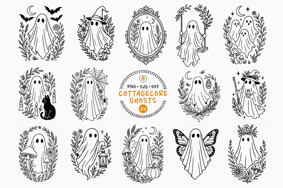 Cottagecore Ghosts, Halloween Bundle, a Seasonal Illustration by Pretty Meerkat (Photo 1 of 7)