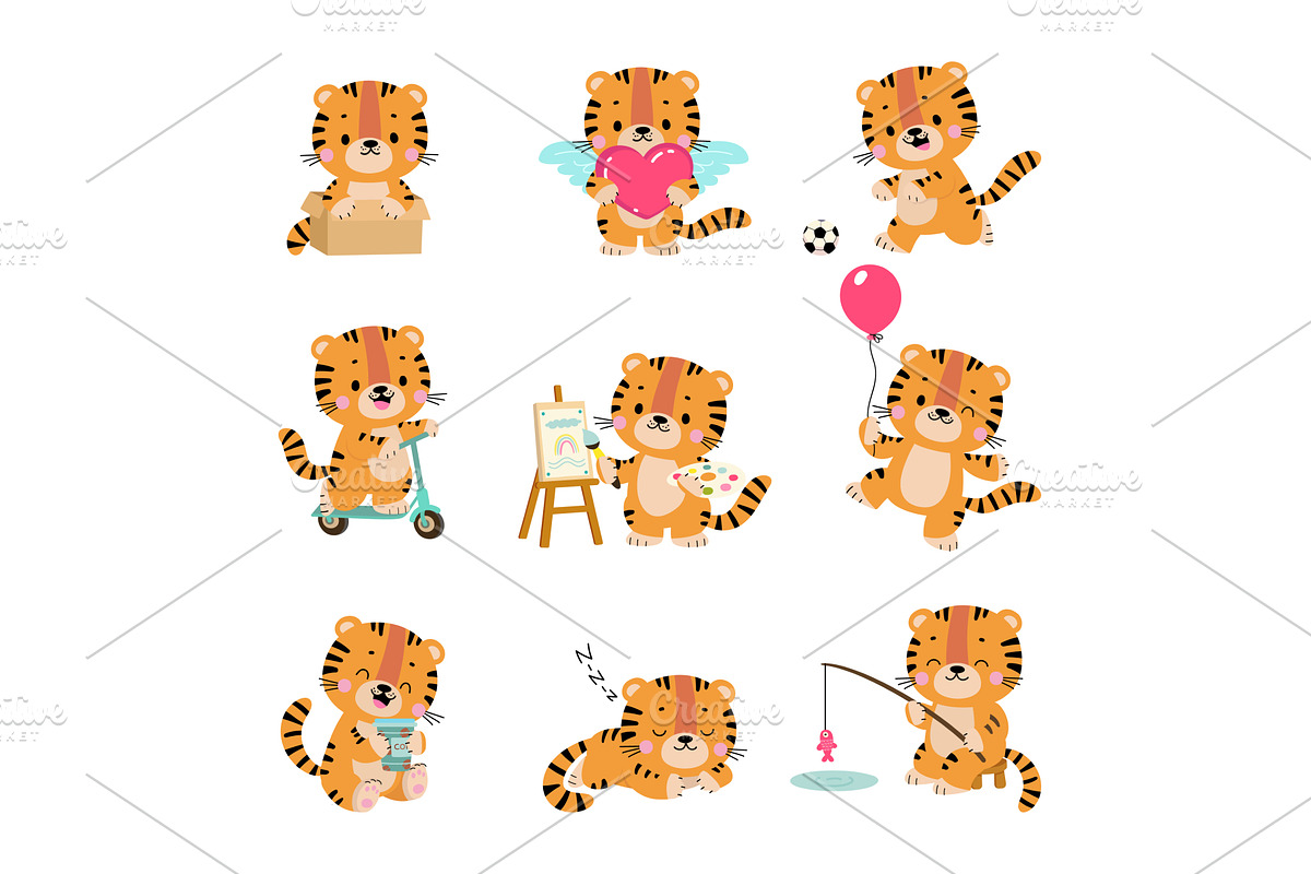 Cartoon tigers. Funny tiger drink, an Animal Illustration by Valerie Bodnar