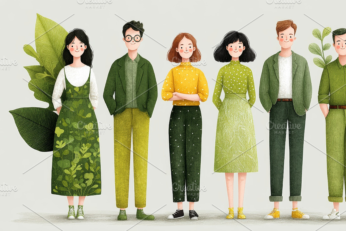 Group of six individuals in eco-friendly attire standing with nature background, an Illustration by AS photostudio