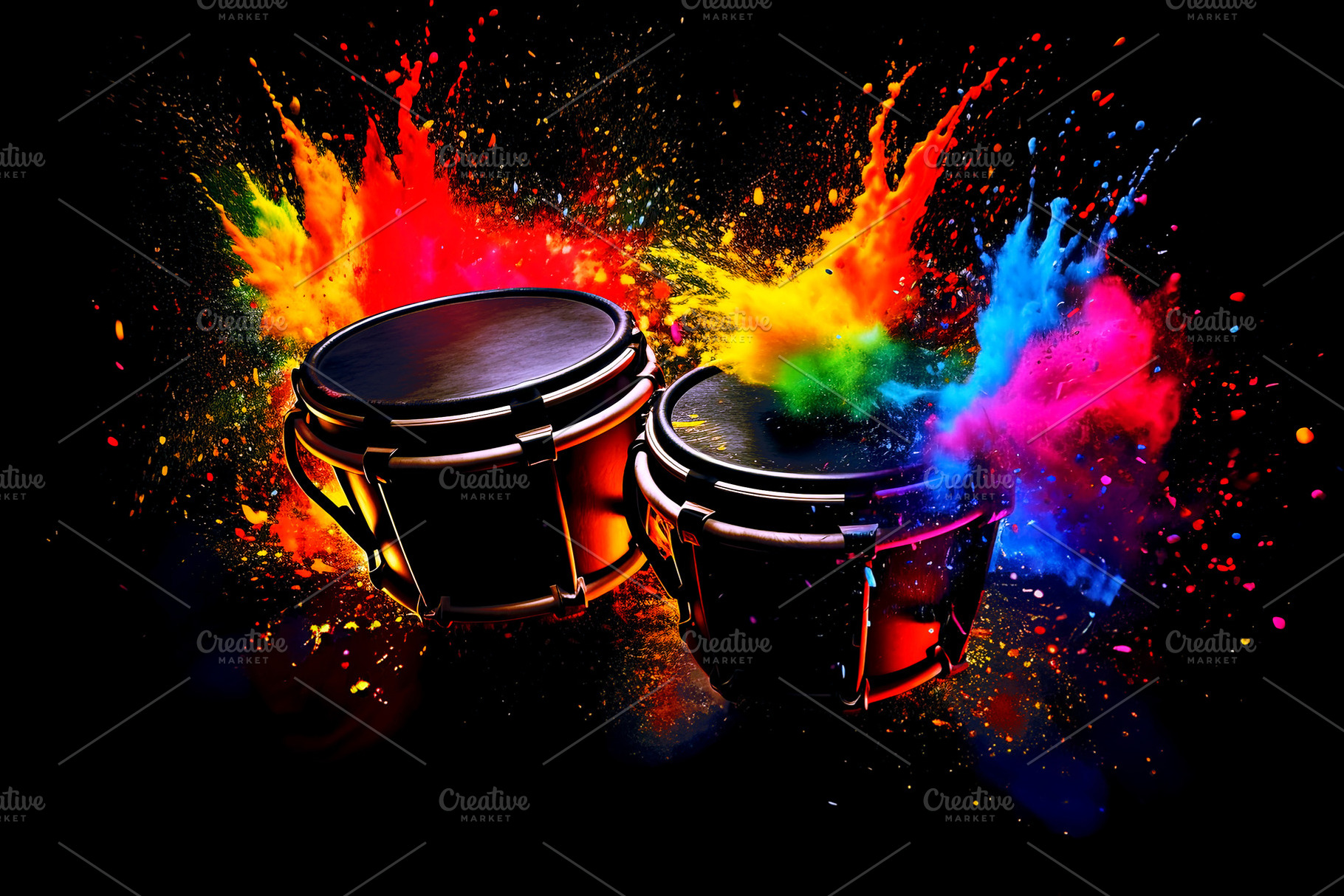 Drums with colorful splashes on a black background. Generative A, a Photo by Ales Munt
