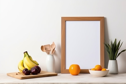 Blank print frame mockup with plants and decor on light backgrou, a Photo by Dvoevnore photos