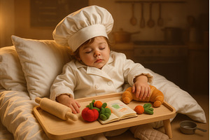 A sleeping toddler in a chef's, a Food & Drink Photo by Sergey Kotenev