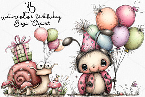 Watercolor Birthday Bugs Clipart PNG, a Seasonal Illustration by Canvas Craft