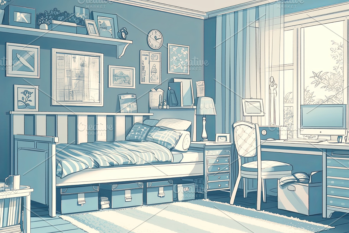 Cozy teenage bedroom with study desk and decor in blue tones, an Illustration by AS photostudio