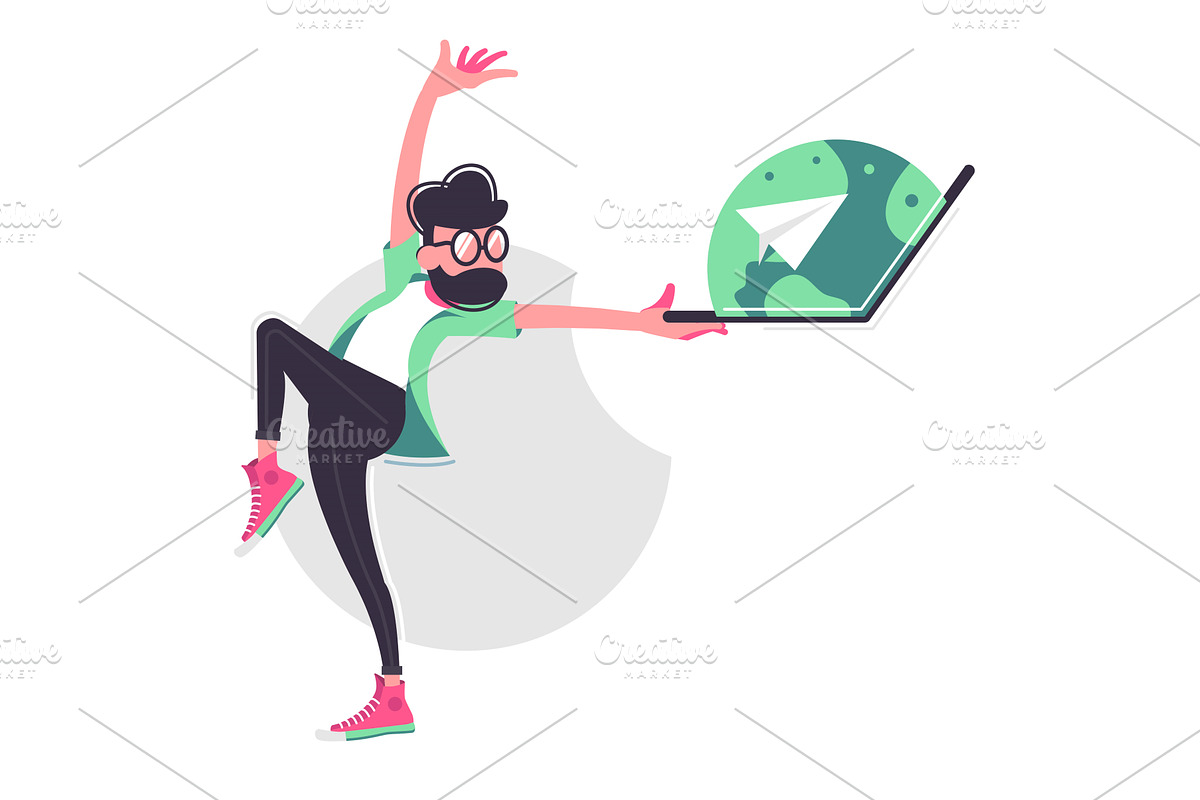 Man dancing with open laptop, a Person Illustration by Evanat ...