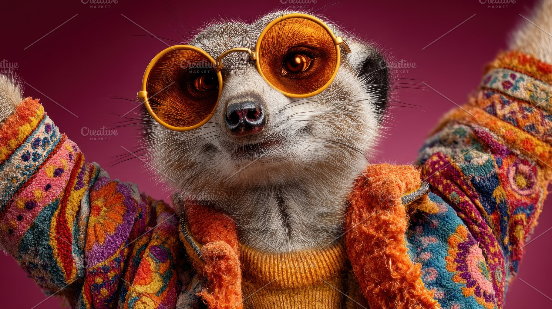 Trendy meerkat wearing colorful sweater and round sunglasses cel, an Animal Photo by José Manuel Gelpi