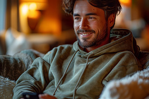 A young Caucasian man in a green hoodie relaxes on a cozy couch, smiling as he, a Person Photo by ImageMir