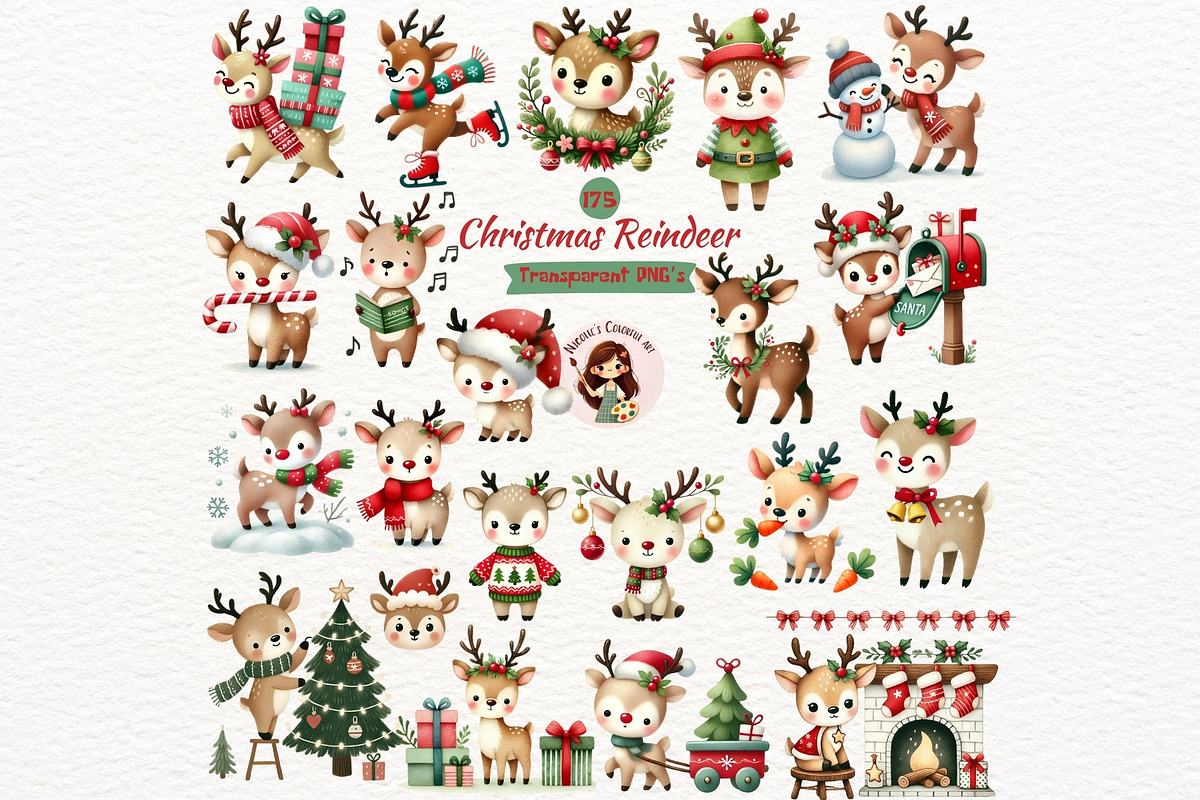 Christmas Reindeer Clipart Set, an Animal Illustration by Nicolle's Colorful Art (Photo 1 of 10)