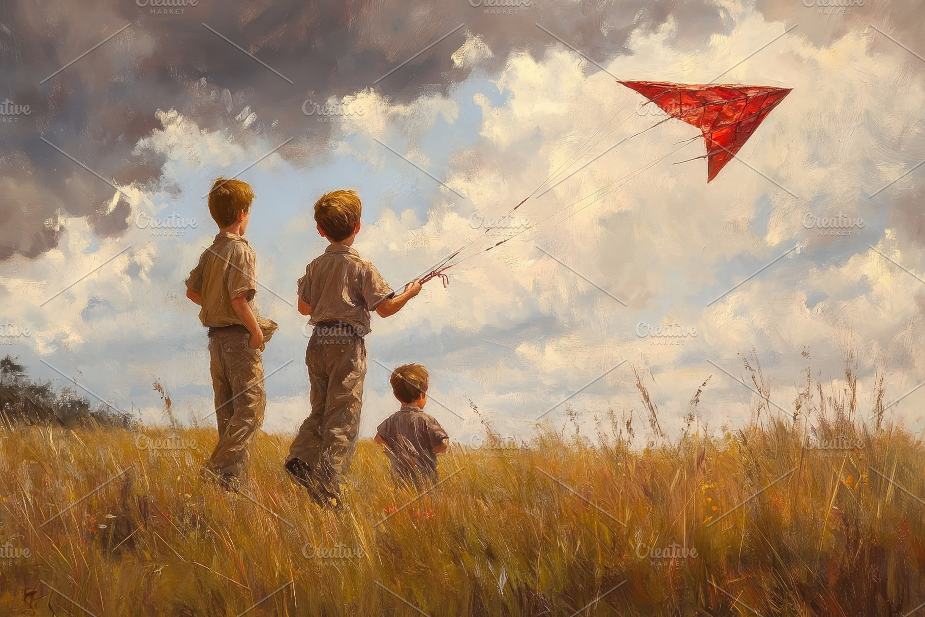 Boys flying a red kite in a golden, a Photo by Pavel_design