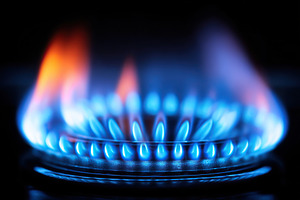 Bright blue flames dance on a gas stove during evening cooking in a warm kitche, an Arts & Entertainment Photo by AlyaAnd