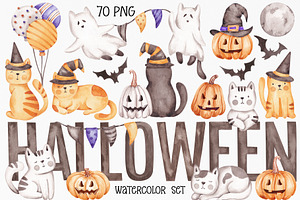 Watercolor Set Halloween Cats