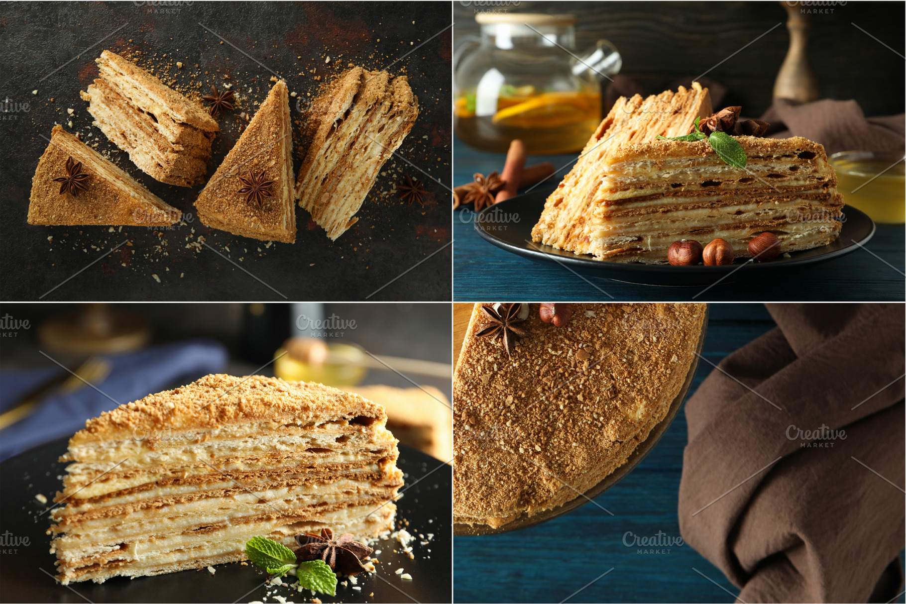 Collage of photos of tasty honey cake, a Food & Drink Photo by AtlasStudio PRO