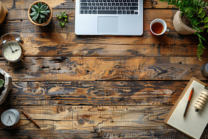 Cozy workspace with laptop, notepad, and plants on wooden desk, a Photo by AS photostudio