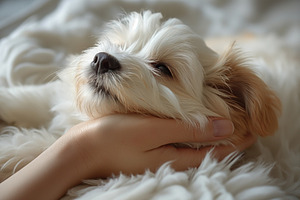 A serene small dog being gently held by a person's hand, conveying love and aff, an Animal Photo by ImageMir
