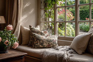 Cozy cottagecore window seat with cushions and blanket, overlook, a Photo by Studio ANNA