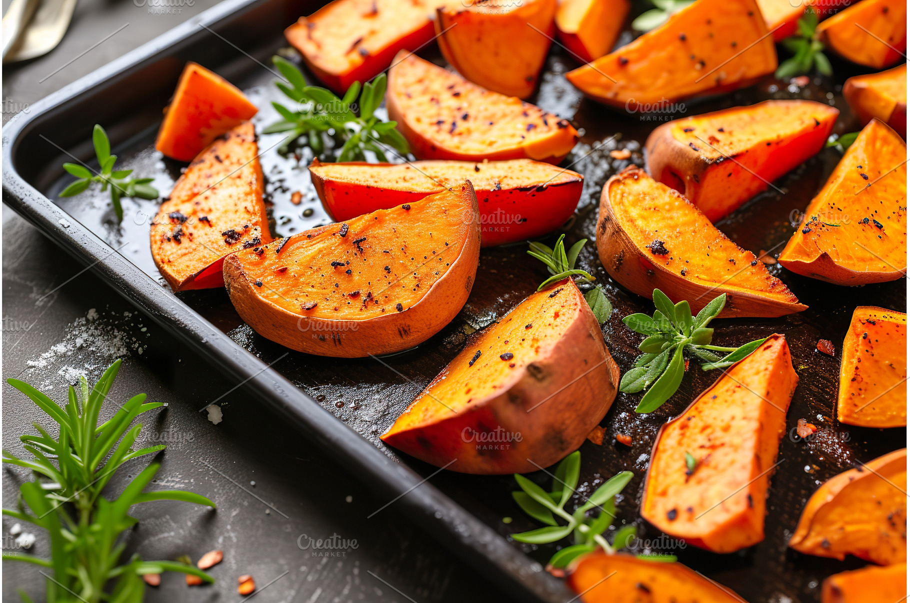 Roasted sweet potato wedges with, a Food & Drink Photo by Lermont51