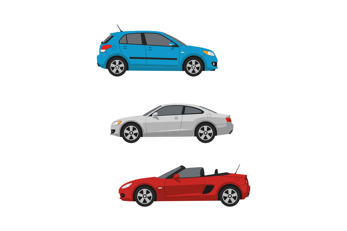 Three distinct cars in a flat design, an Illustration by designvectx