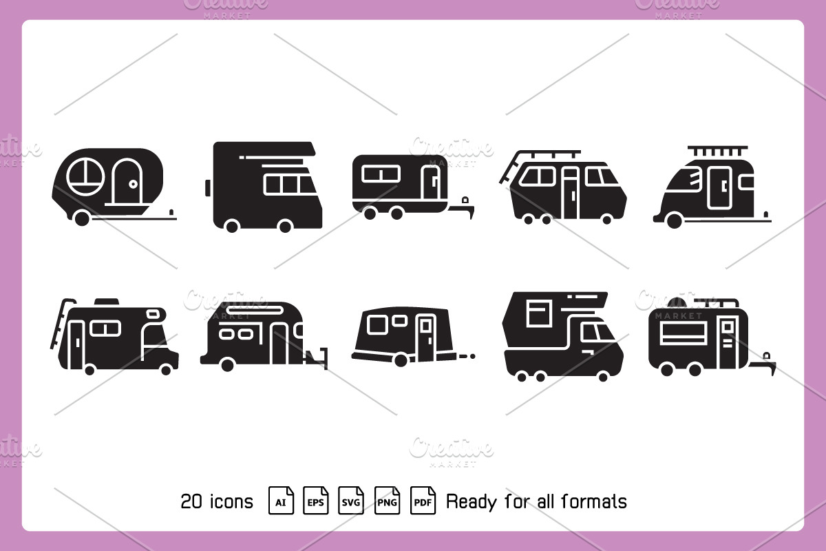 Motorhome and RV Icons Set, a Solid Icon by Designfour