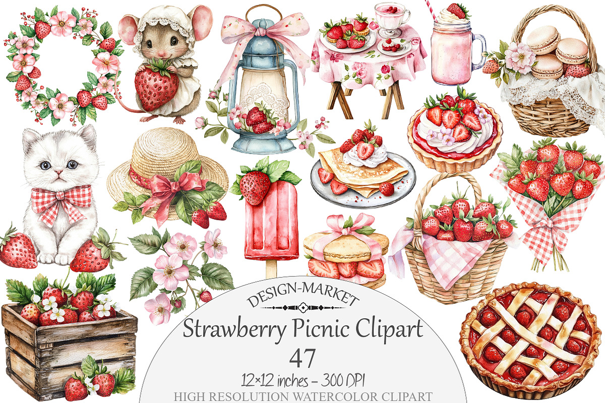 Watercolor Strawberry Picnic Clipart, a Seasonal Illustration by Design Market (Photo 1 of 5)