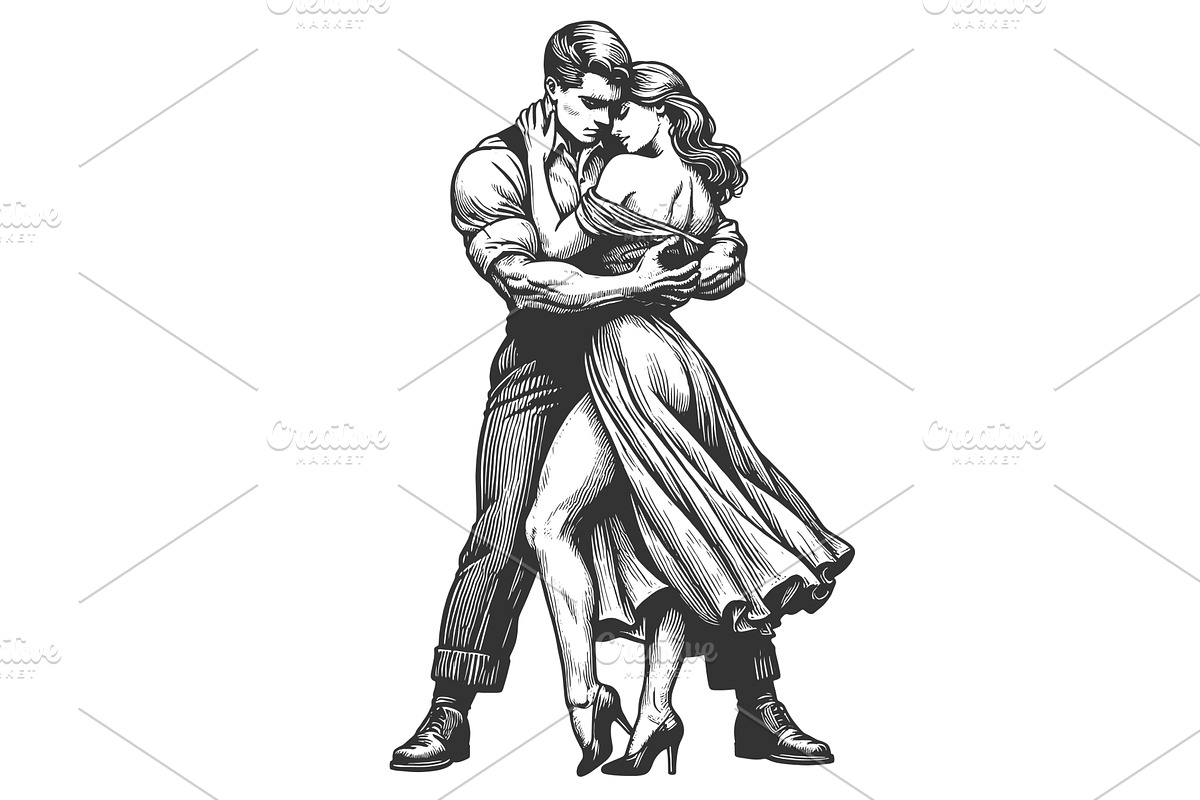 Romantic Couple Embracing engraving, a Person Illustration by AlexArt