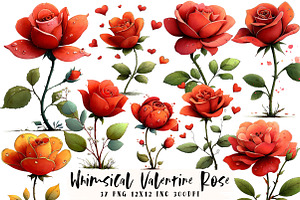 Whimsical Valentine Rose Clipart, an Illustration by OK Design