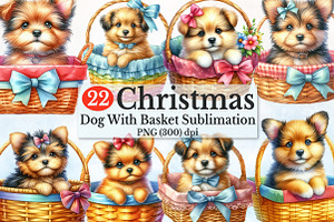 Watercolor Puppy Dog With Basket Cl, a Seasonal Illustration by Rose Art