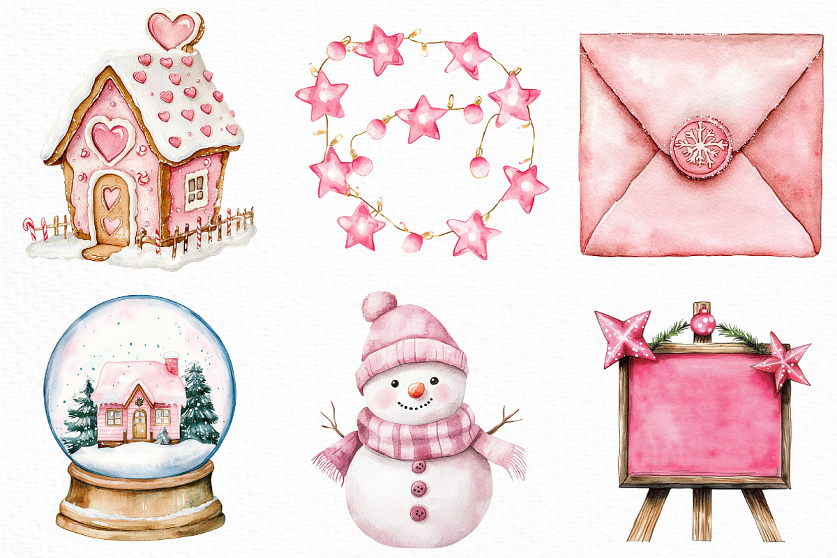 Watercolor Pink Christmas Clipart, an Illustration by Craft Nest (Photo 2 of 6)