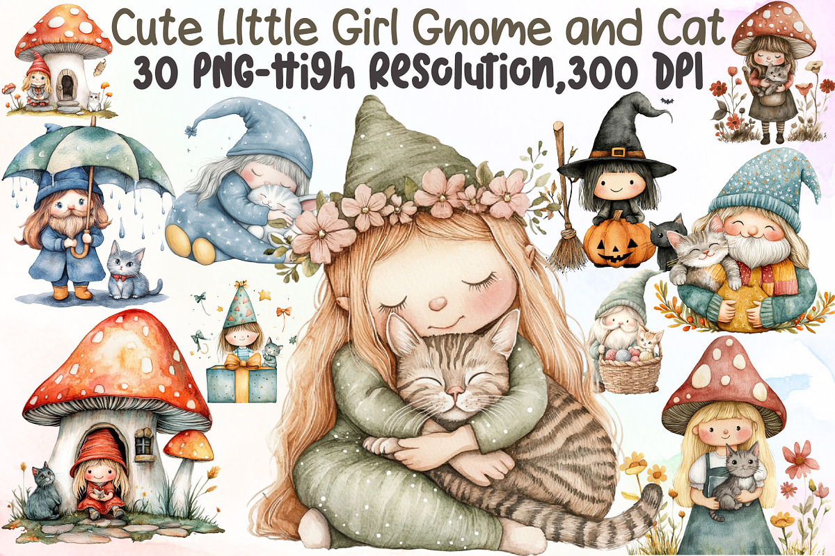 Cute LIttle Girl Gnome and Cat Clipa, an Illustration by Sublimation Artist (Photo 1 of 6)