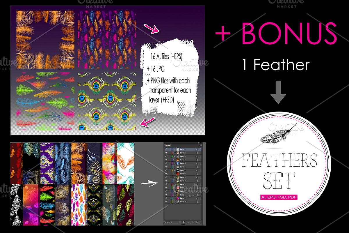 16 Feathers set., a Pattern Graphic by redstudio (Photo 3 of 5)