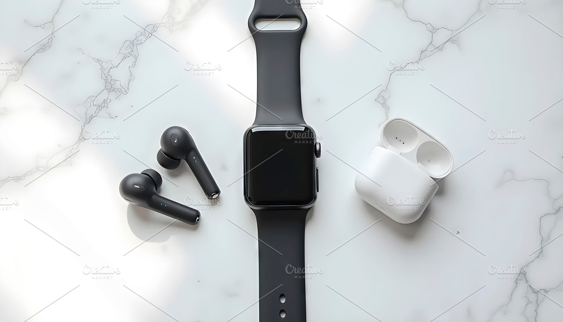 Smartwatch and Earbuds on Marble Sur, a Photo by LOGOCREATIVE