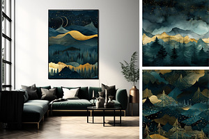 Blue Night Landscape Pattern Print