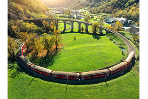 Aerial view of red train on, a Transportation Photo by den-belitsky