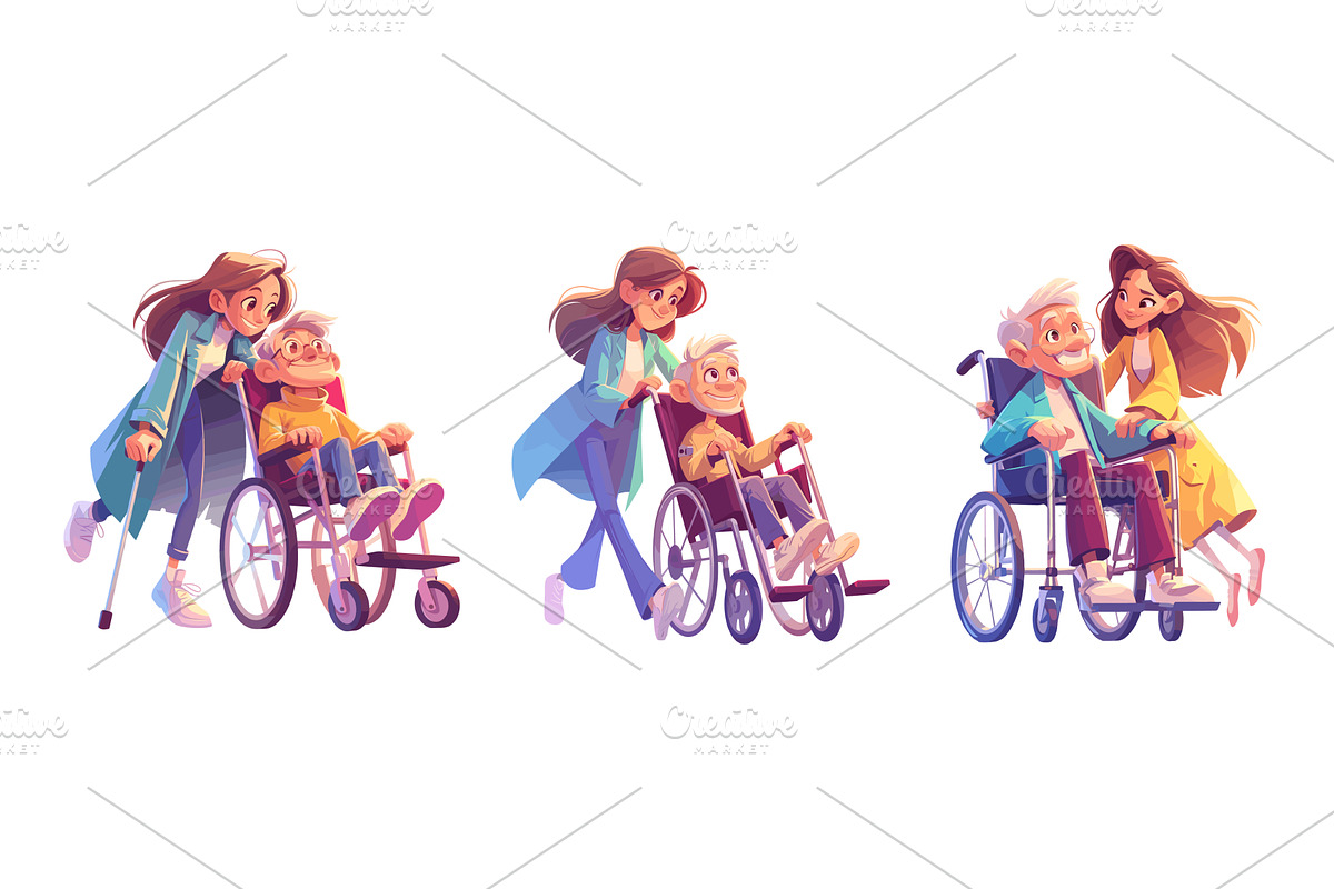 Nurse old man wheelchair. Girl with, an Object Illustration by Stock-Smart-Start