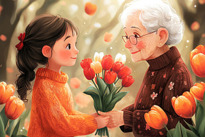 Young girl giving bouquet of colorful tulips to smiling grandmot, a Person Photo by José Manuel Gelpi