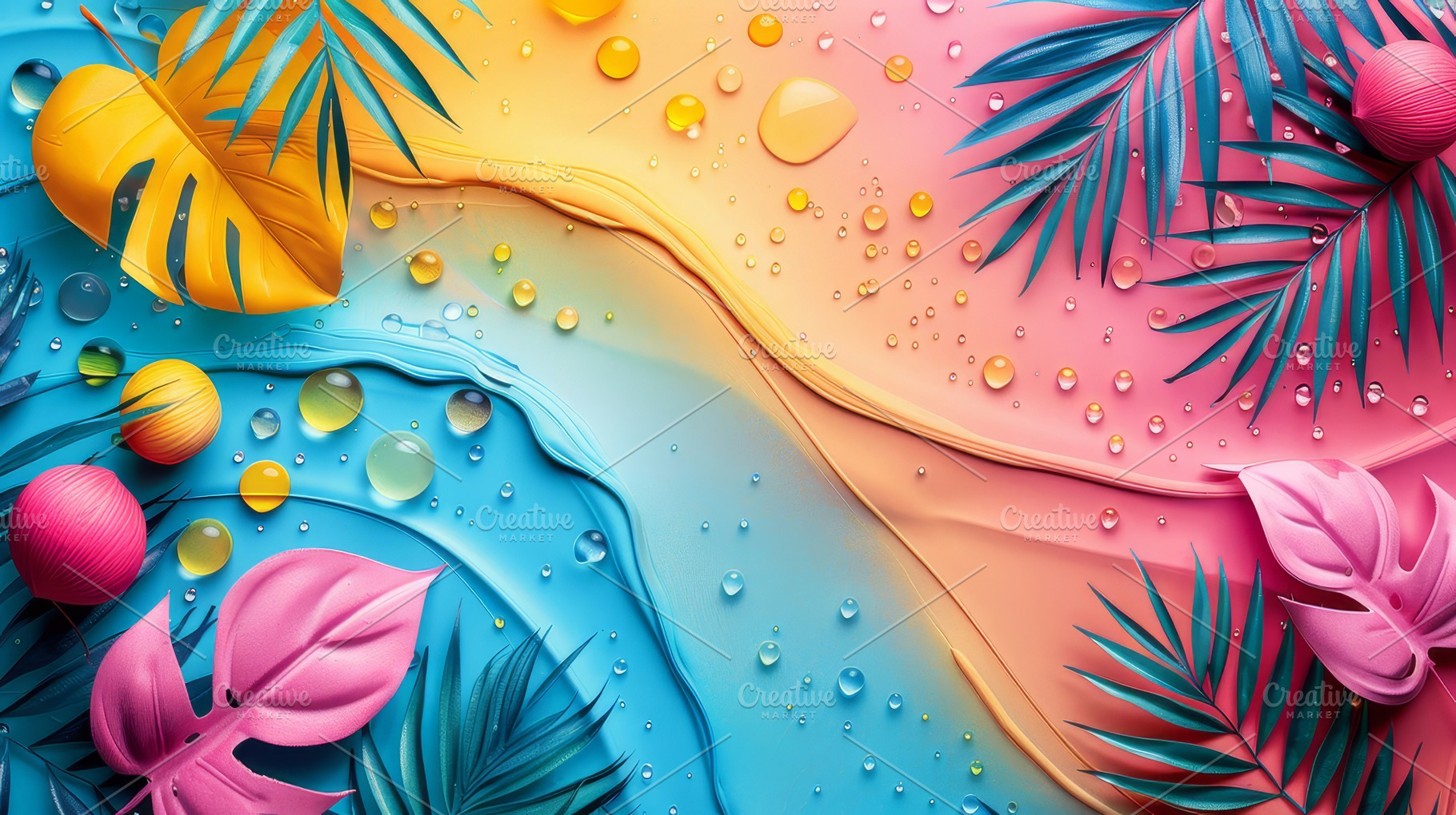 Vibrant Summer Background with Colorful Tropical Leaves and Water Droplets, a Photo by AS photostudio