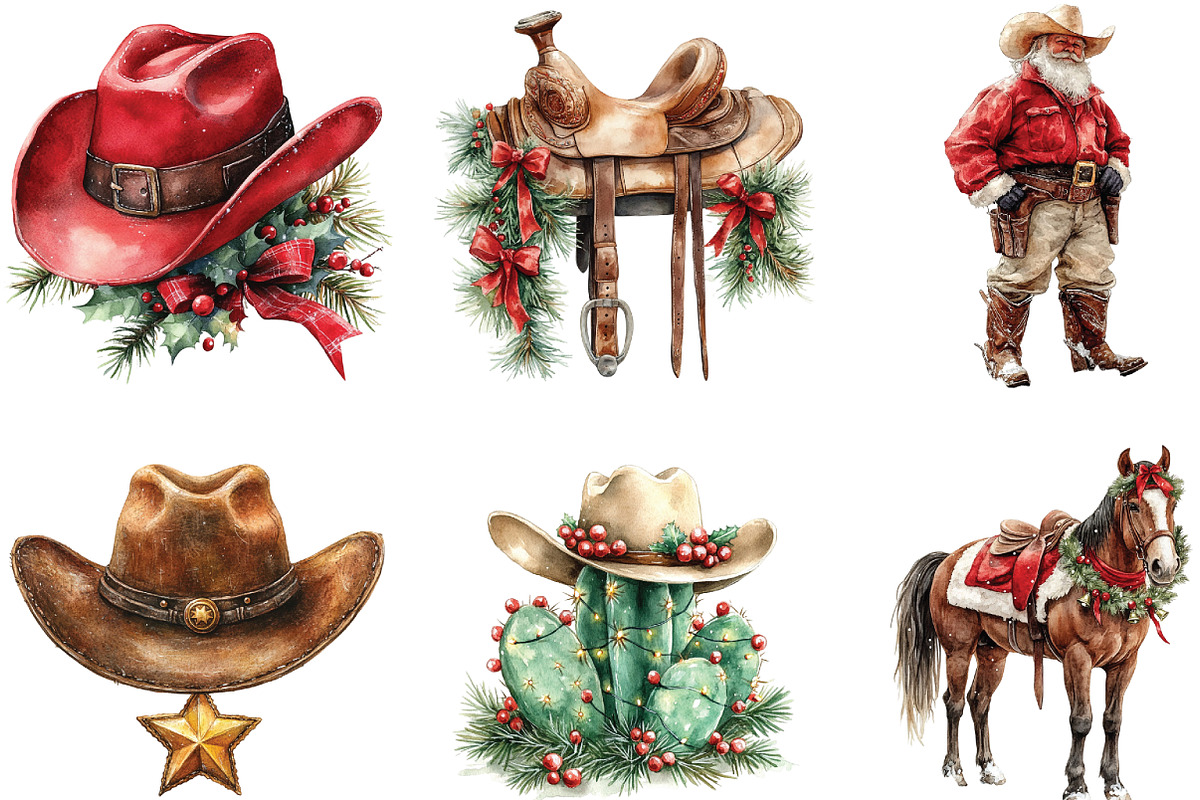 Western Cowboy Christmas Clipart, an Illustration by CraftArtStudio (Photo 2 of 6)