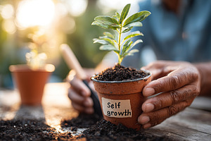 Person nurturing a young plant in a small pot during late afternoon light, a Photo by AlyaAnd