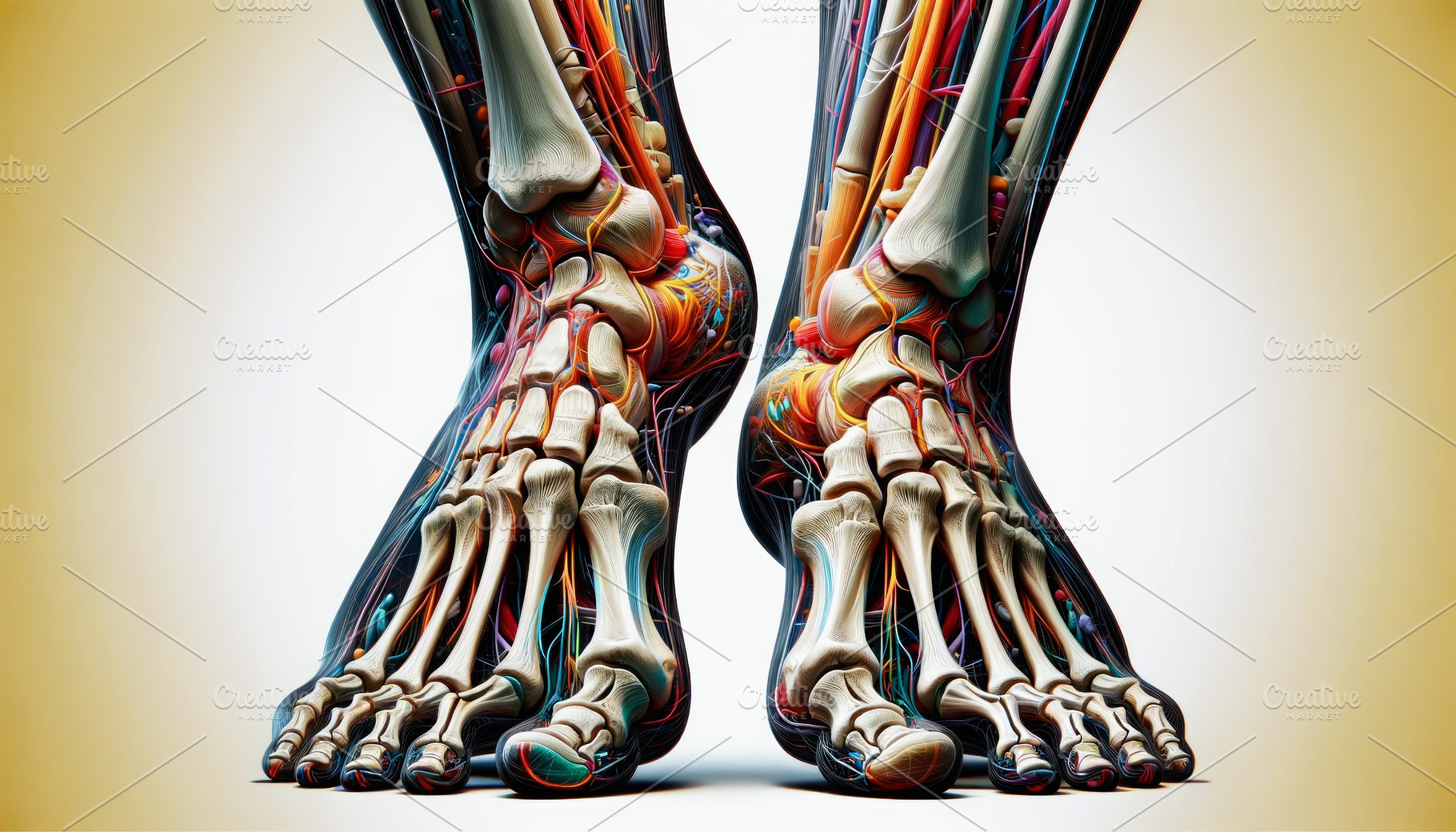 Feets bone model over a yellow backg, a Health & Medical Photo by angellodeco