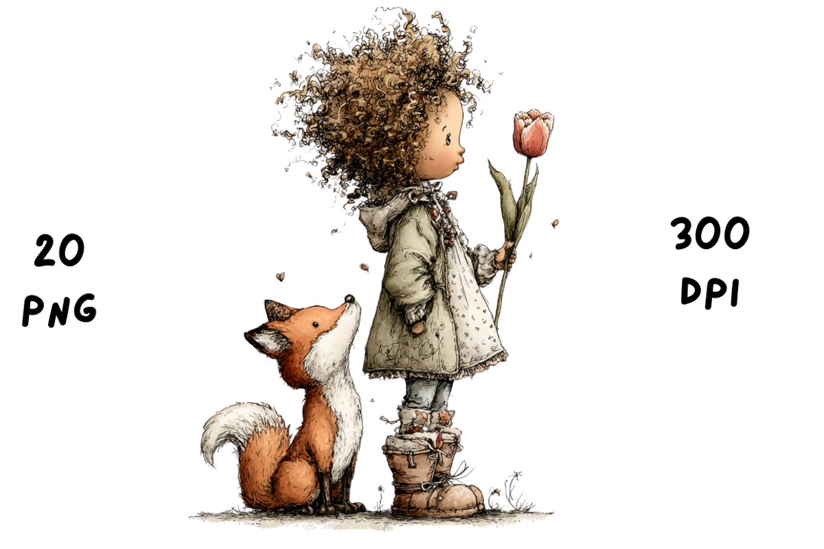 Whimsical Floral Girl & Fox Clipart, an Animal Illustration by GiraffeCreative (Photo 8 of 20)