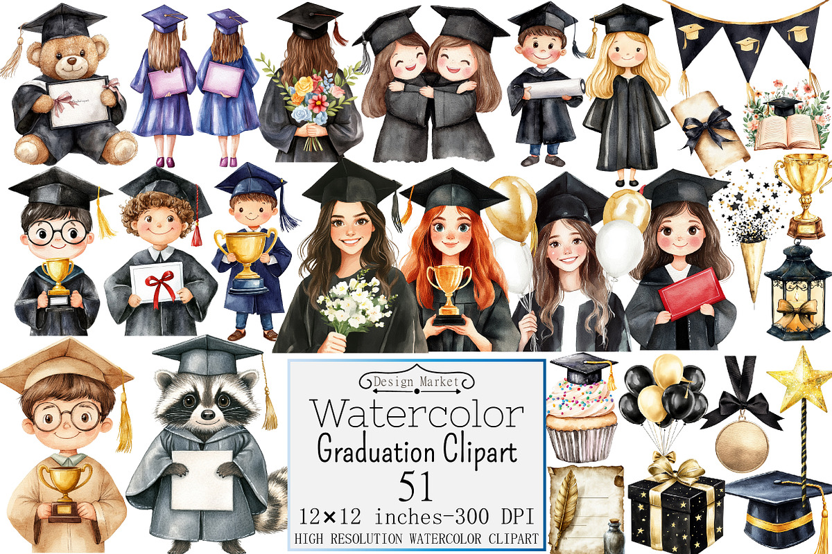 Watercolor Graduation Clipart, a Seasonal Illustration by Design Market (Photo 1 of 5)