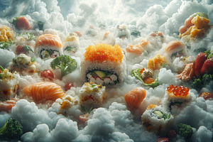 Sushi creation amidst a cloud-like l, a Photo by Tanuart