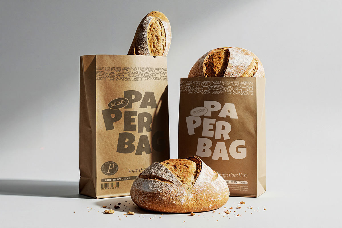 Bread Paper Bag Mockup, a Packaging Mockup by Nathatype (Photo 2 of 9)