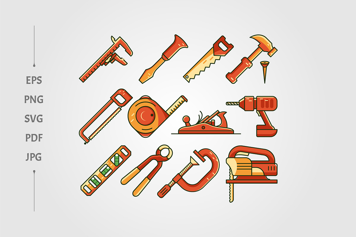 set of carpenter tool cartoon icon, an Outline Icon by lawoel